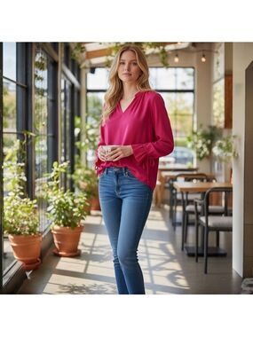 Current Air Pink V-Neck Long Sleeve Blouse